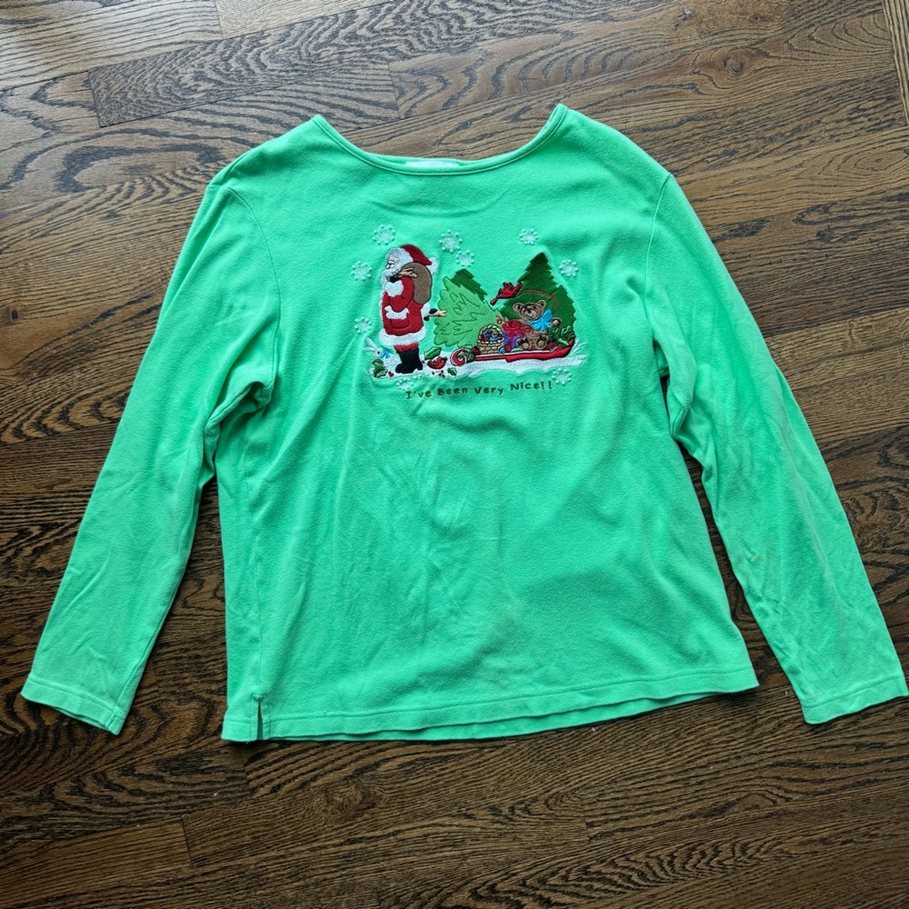 The Quaker Factory Vintage Green Santa Embroidered Beaded Christmas Shirt Medium